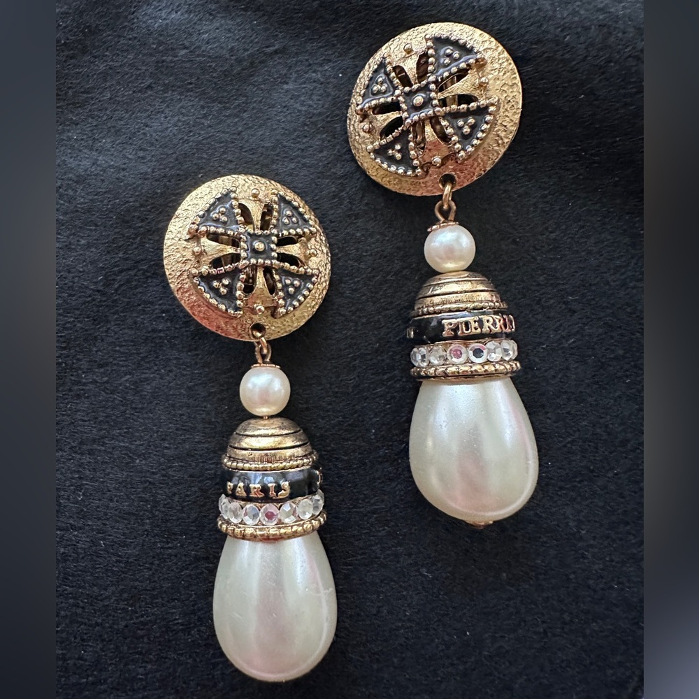 Vtg Rare Huge Pierre Balmain Statement Earrings Pearl Clip-on Signed Black Gold